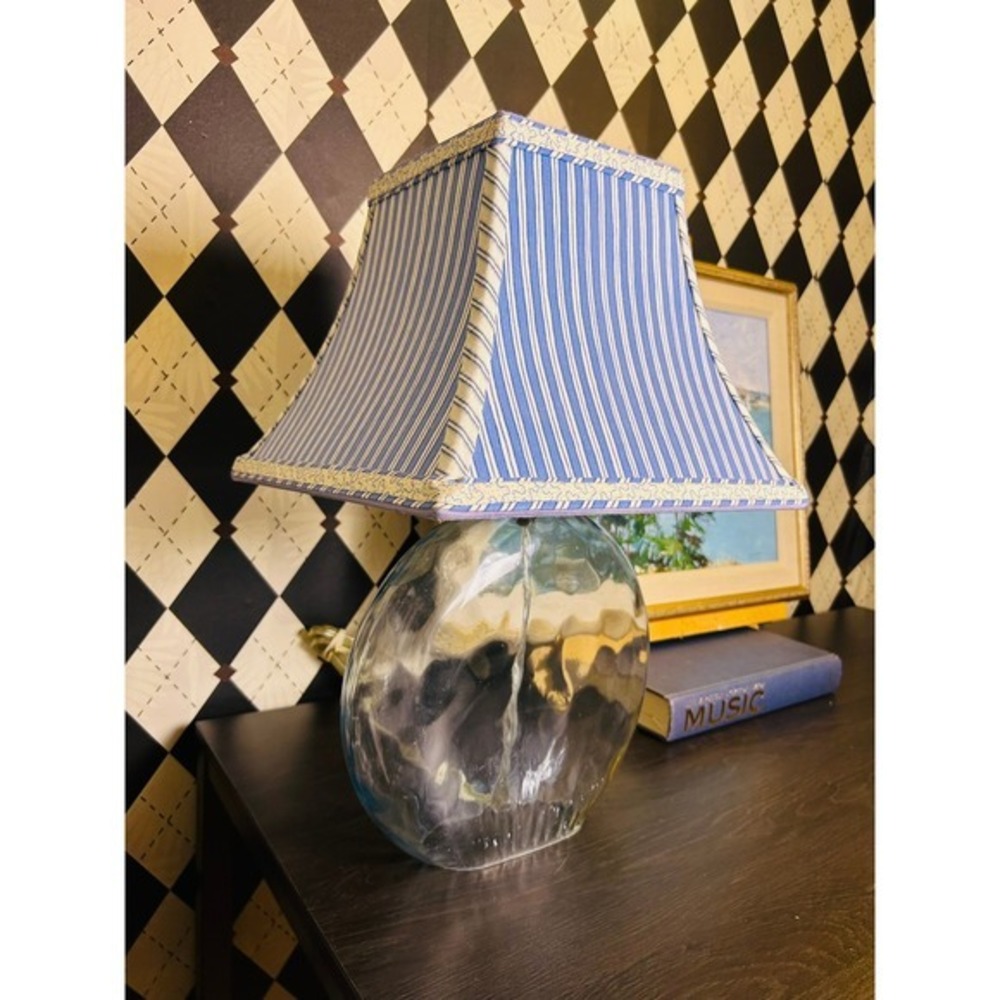 Coastal Aqua Blue Glass Table Lamp Blue White Striped Shade - Picture 5 of 11